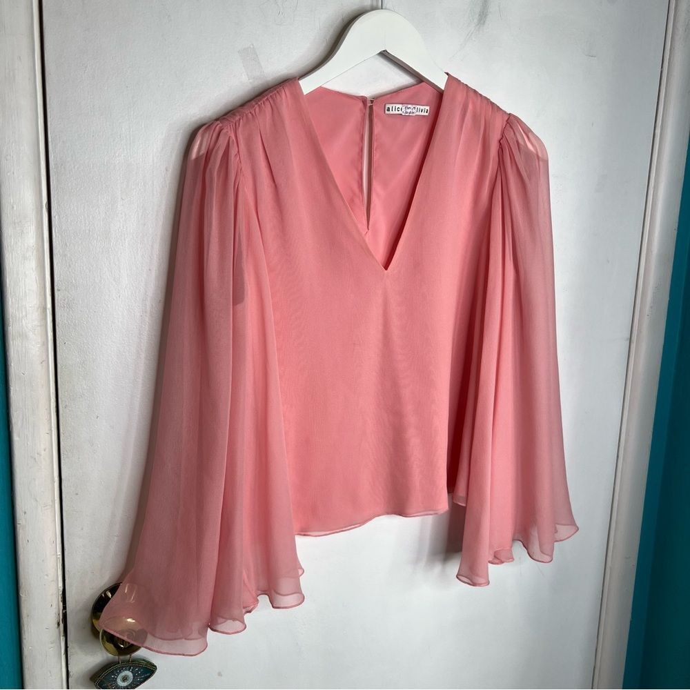 Alice + Olivia Coral Pink Sheer Bell Sleeve V-Neck Blouse